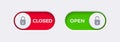 Open and Closed toggle switch buttons with open lock and closed lock icon. Material design switch buttons set.
